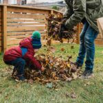 two individuals, one kid and one adult, picking up dead leafs