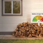 sign, in a pile of wood, displaying a "Wildfire Danger Rating" set to extreme