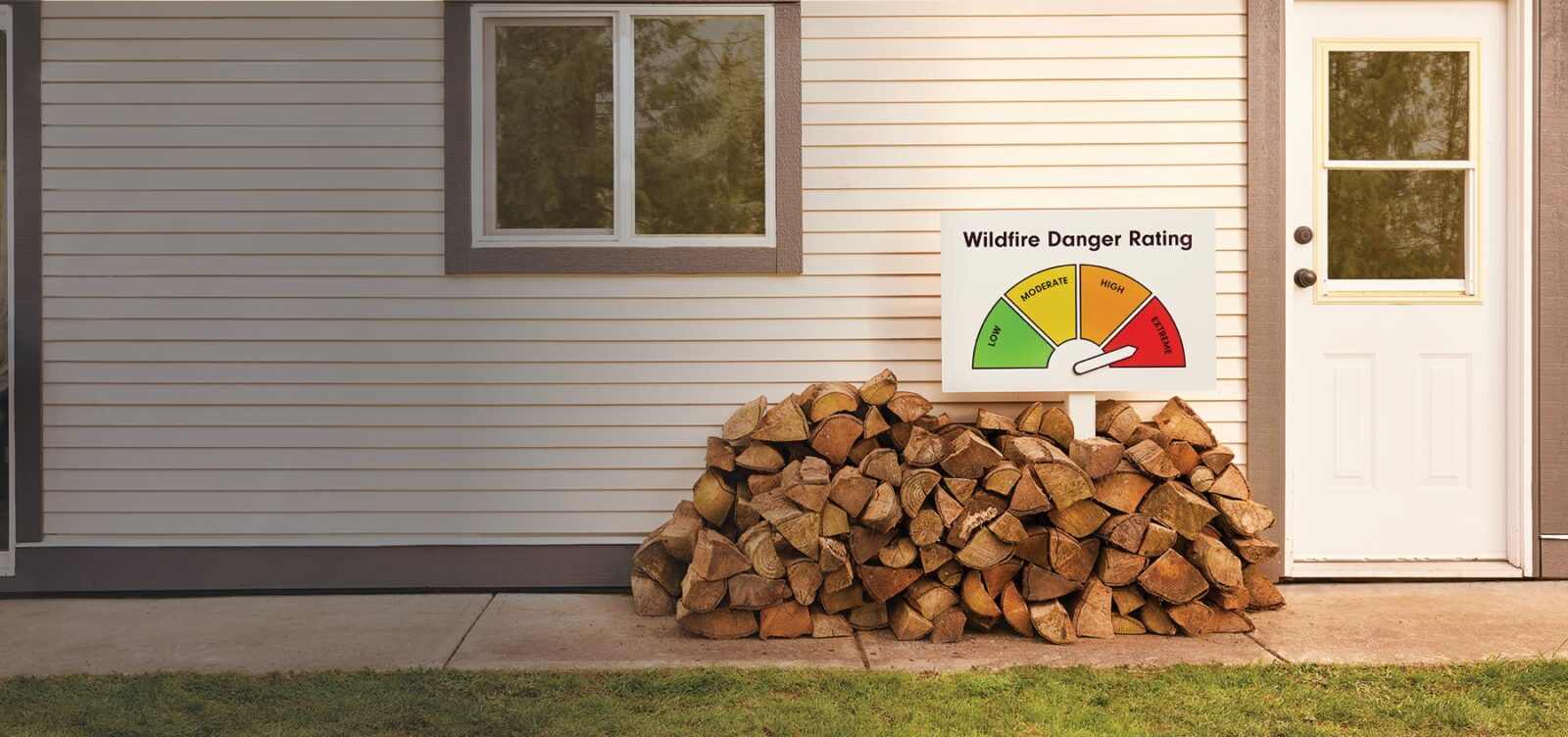 sign, in a pile of wood, displaying a "Wildfire Danger Rating" set to extreme