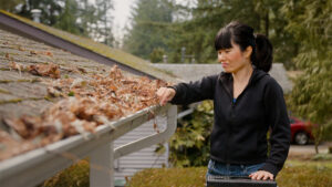 A woman is cleaning leaves and debris from a gutter on a roof.