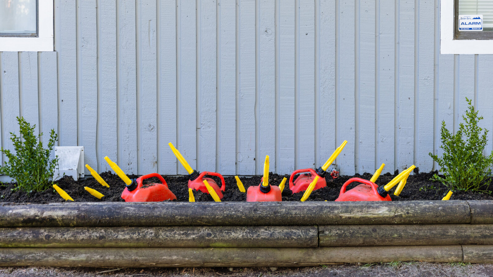 Several red gasoline cans with yellow spouts are placed in a planter box