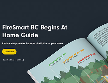 An open guidebook with a diagram and text saying "FireSmart BC Begins At Home Guide" is shown against a dark background