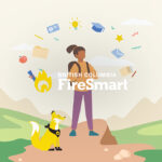 Illustration of a person with a backpack and a fox mascot