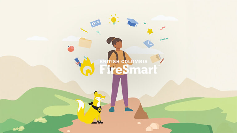 Illustration of a person with a backpack and a fox mascot