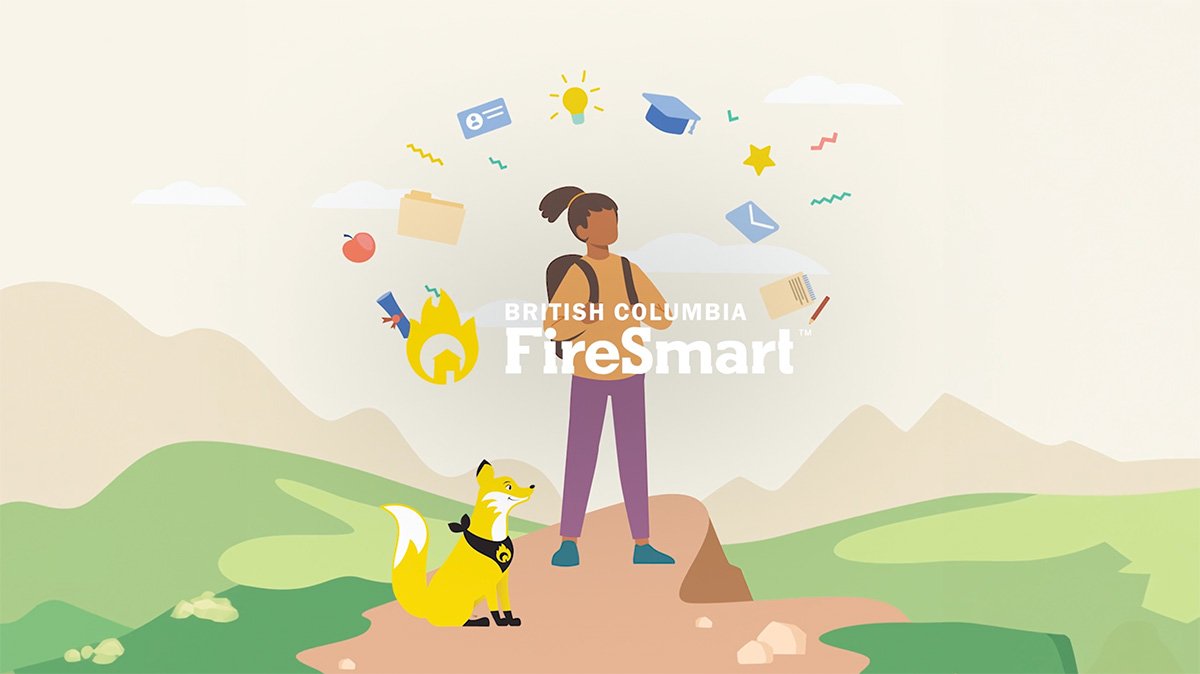 Illustration of a person with a backpack and a fox mascot