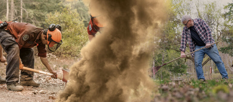 wildfire responders address a fire on the left, and a man rakes some leaves on the right